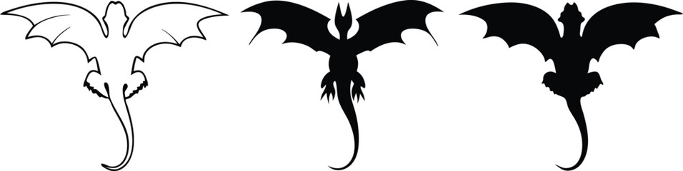 Three dragons displayed in varying styles from outline to silhouette on a white background view from above