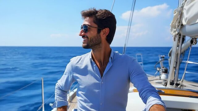 A man wearing sunglasses and a blue shirt is smiling and posing for a picture on a boat in the ocean