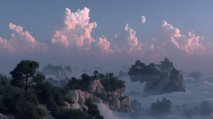 Serene Mountain Vistas: A captivating view of the sun's gentle touch casts a mesmerizing pastel hue across the sky, the silhouette of the mountains becomes a testament to nature's artistry.