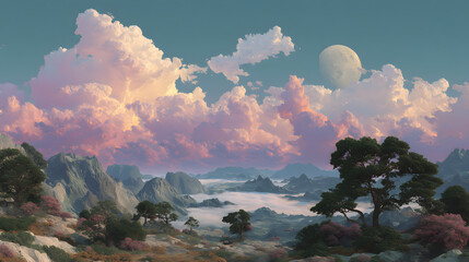 Celestial Realm: A breathtaking panoramic vista unfolds, revealing an ethereal landscape where pastel-colored clouds dance across a canvas of serene mountains and a captivating full moon. 