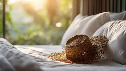 Sun-drenched bedroom with straw hat (1)