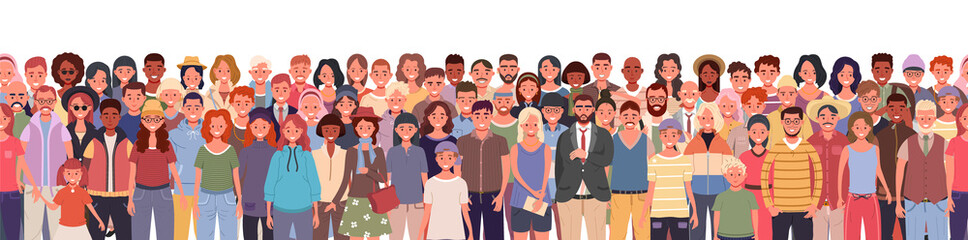 Standing group of people seamless pattern. Including kids, teenagers, adults, and seniors. Men and women, young and old, from different cultures vector illustration
