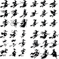 Halloween Witch Flying Silhouette Set – Spooky Vector Collection Flying Witch Halloween Silhouettes – Dark Magic Vector Bundle