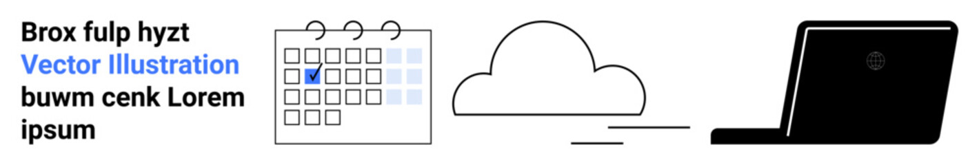 Calendar with highlighted date, cloud storage icon, laptop for online work and scheduling. Ideal for remote work, task planning, data storage, digital collaboration, productivity tools, cloud
