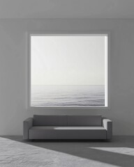 minimalist living room scene with a centered white frame above a linear gray couch, ideal for product visuals or branding, soft shadows, smooth tones, high resolution, ultra detail