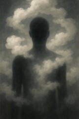 Mysterious human silhouette surrounded by clouds