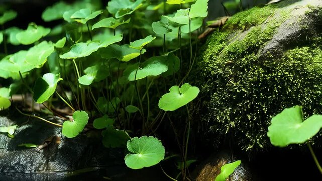 Close-up of water pennywort plants with round leaves and mossy rocks, tranquil water reflections in a natural forest setting