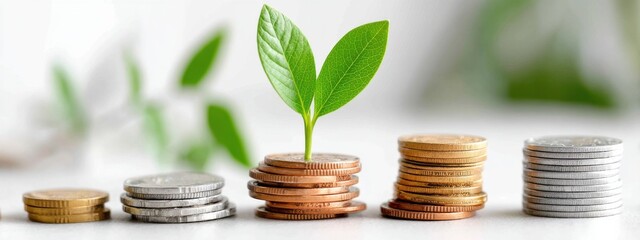 Money plant growth from coins stack visualizes investment, savings; strong finance powers business success, economy progress, tiny sprout signifies new fund, currency value powerful financial concept