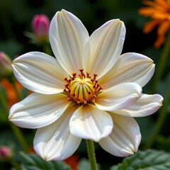 Fototapeta premium a large white flower with a vibrant yellow center, positioned in the foreground against a backdrop of various other plants and flo