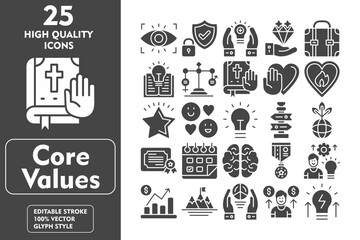 Core values Glyph Icon Set. Incleded Icons Vision, Privacy, Positivity, Value Proposal, Briefcase, Knowledge, Gender Equality. Vector Icons Collection
