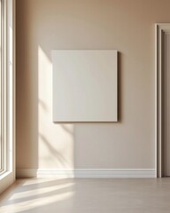 living room with matte beige wall, blank canvas hung for artwork insertion, perfect symmetry, sharp details, noise-free background, commercial-ready presentation