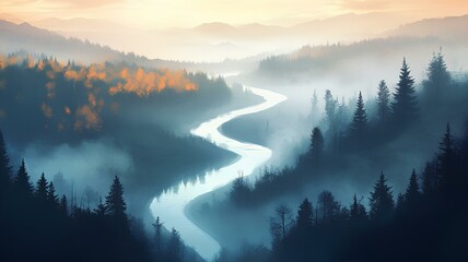 A small river surrounded by dense forest and dense fog.