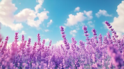A flower field with a field of pinging colored cherry blossoms with a sea of dense clouds and a bright blue sky