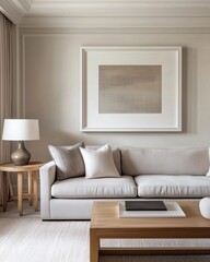 room with neutral accents and a square white frame above sofa for content insert, ultra detailed finish, true lighting setup, editorial-level quality, noise-free