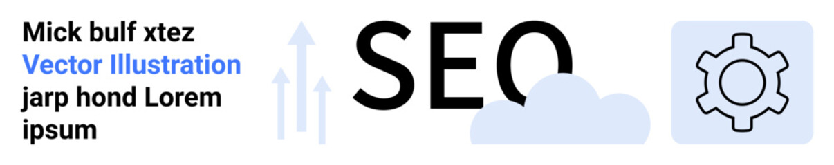 SEO text with a cloud, gear icon, and upward arrows symbolizing technical SEO, growth, and digital optimization. Ideal for analytics, marketing, strategy, business tools setup and simple landing