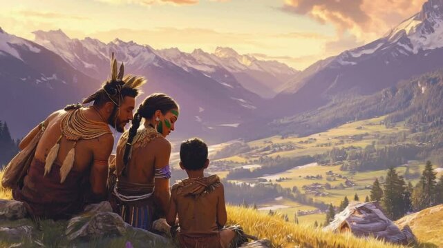 An Aboriginal family sits peacefully on a rocky outcrop as they look out over a vast valley illuminated with golden and orange light at sunset.
