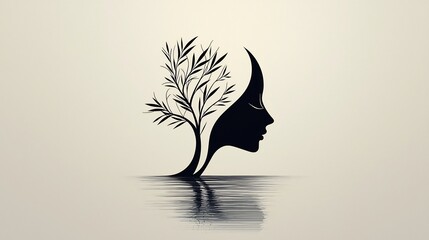Abstract profile of a woman with a tree growing from her head, reflected in water