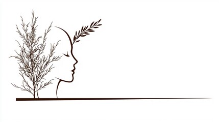 Abstract profile of a woman's head with stylized plants.  Peaceful, serene image