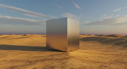 Metal Cube in Desert Landscape