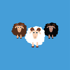 vector illustration of cartoon sheep, Colorful Cartoon Sheep Trio Illustration, cartoon sheep, colorful sheep, white brown black sheep, cute lambs, fluffy sheep vector, sheep characters,