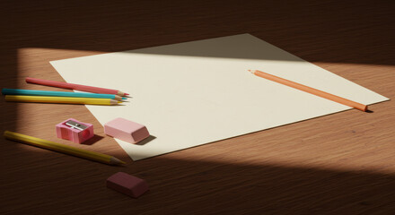 Colorful stationery items on a wooden surface
