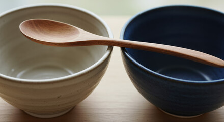 Empty ceramic bowls and wooden spoon