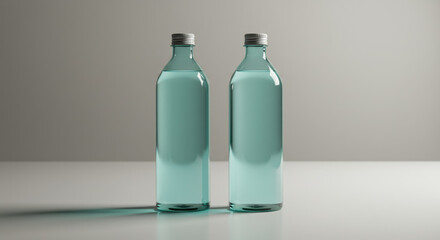 Empty teal glass water bottles