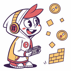 Cartoon Boy Playing Video Game on Handheld Console with Retro Style
