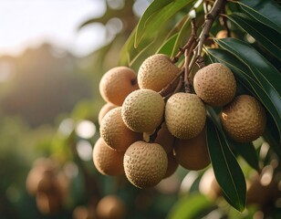 Fototapeta premium Ripe Lychees Hanging on Branch in Orchard Sunlight Tropical Fruit Harvest