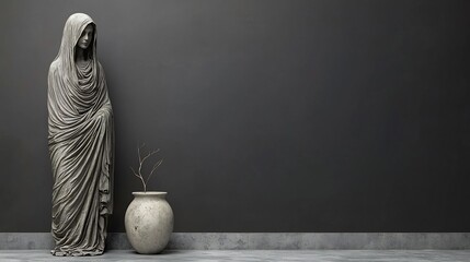Ancient statue, minimalist setting.  Gray stone figure, draped robe, vase, small plant