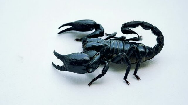 Asian scorpion (Heterometrus) (Scorpionidae) angry prepare fighting for protect himself on white background. 4K