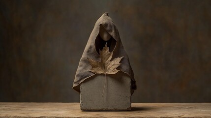 Abstract sculpture of hooded figure, with dried leaf
