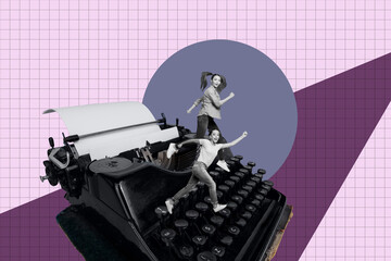 Image poster collage of people stand big type machine on pink background