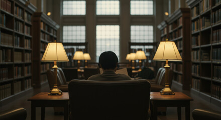 Person reading in library interior