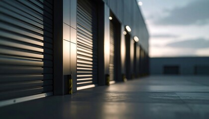 Modern Industrial Storage Units at Sunset Row of Closed Metal Roll Up Doors Exterior Building Facade