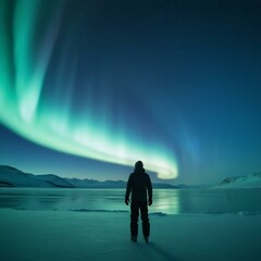 Fototapeta premium Silhouette of Man Under Aurora Borealis – AI Generated