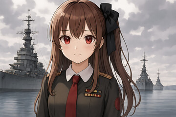 Confident anime female naval officer in military uniform standing by calm waters with a fleet of battleships under cloudy skies, embodying strength and poise in maritime command.