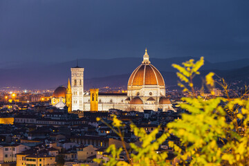 Florence, Italy, at dusk: the Duomo and Giotto's Campanile are illuminated