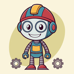 Cartoon Robot Character with Gears Smiling and Wearing a Hard Hat
