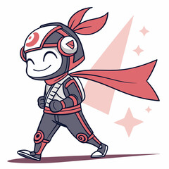 Cartoon character in futuristic suit walking with cape and helmet