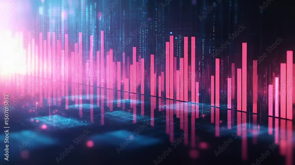 Poster abstract data visualization, digital chart with vibrant pink bars and reflection on dark background