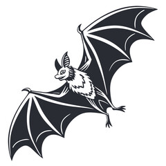 Monochrome Illustration of a Flying Bat with Spread Wings on White