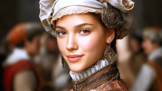 Refined Renaissance woman shifting emotions, moving from pensive introspection to luminous joy amid blurred historical social gathering