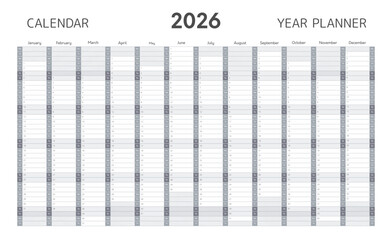 2026 year planner template, wall or desk calendar in gray colors. Blank schedule grid for 2026 year with twelve months vertical grid for daily and monthly agenda in minimal style, vector illustration