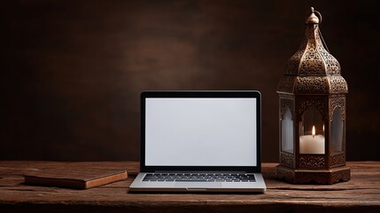 Modern Laptop with Blank Screen Rustic Wooden Table Brown Notebook Elegant Moroccan Lantern Candlelight Cozy Atmosphere Peaceful Workspace Home Office Design Background Ramadan    