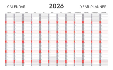 2026 year planner, wall calendar template in minimal style for daily and monthly agenda. Blank annual planner for 2026 year with twelve months vertical grid gray and red colors, vector illustration