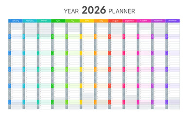 2026 year calendar, planner for work and education. Blank planner for daily and monthly agenda. Schedule template for 2026 year with grid in gray and rainbow colors, vector illustration