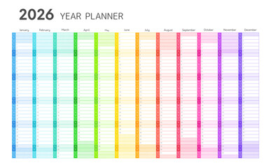 2026 year planner, wall calendar for daily and monthly agenda. Blank schedule template for 2026 year with twelve months vertical grid in rainbow colors, vector illustration