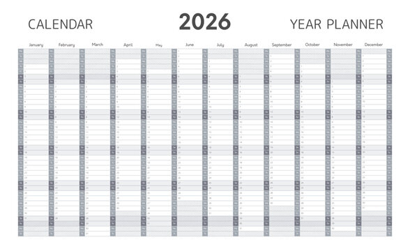 2026 year planner template, wall or desk calendar in gray colors. Blank schedule grid for 2026 year with twelve months vertical grid for daily and monthly agenda in minimal style, vector illustration