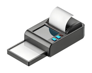 A 3D-style Isometric compact receipt printer with paper roll and open tray, isolated transparent